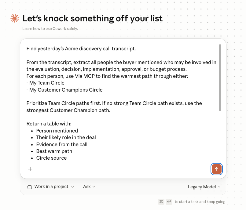 The multithread prompt pasted into Claude Cowork's composer